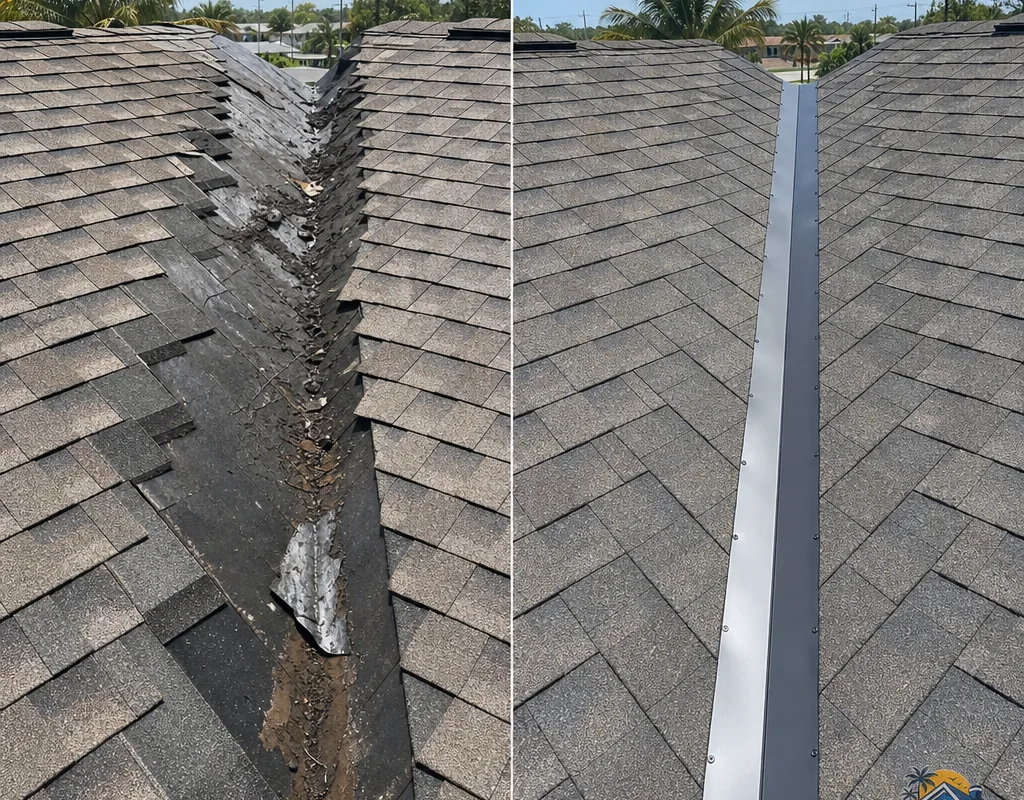 Before-and-after view of a leaking roof valley repaired with integrated underlayment, flashing, and matching shingles