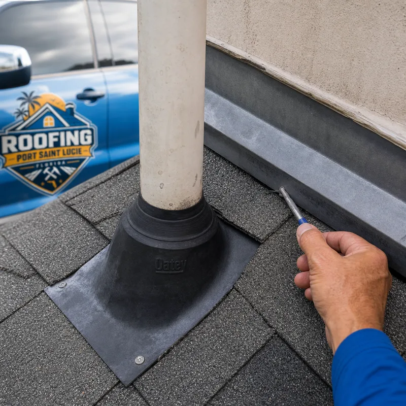 Close view of roof flashing and a plumbing vent boot being checked for cracking, lifted edges, and sealant wear