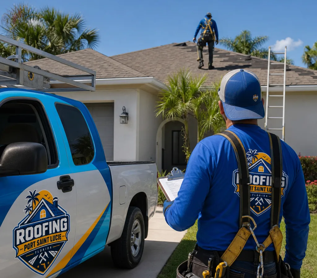 Roofing crew inspecting a Port St. Lucie home with safety gear, a clean driveway, and palm trees