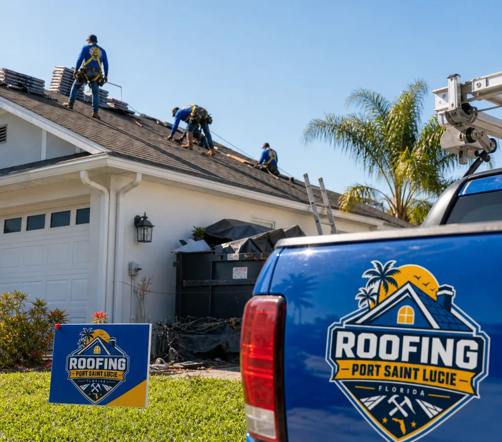 Roofing crew installing shingles with safety gear on a Port St. Lucie home