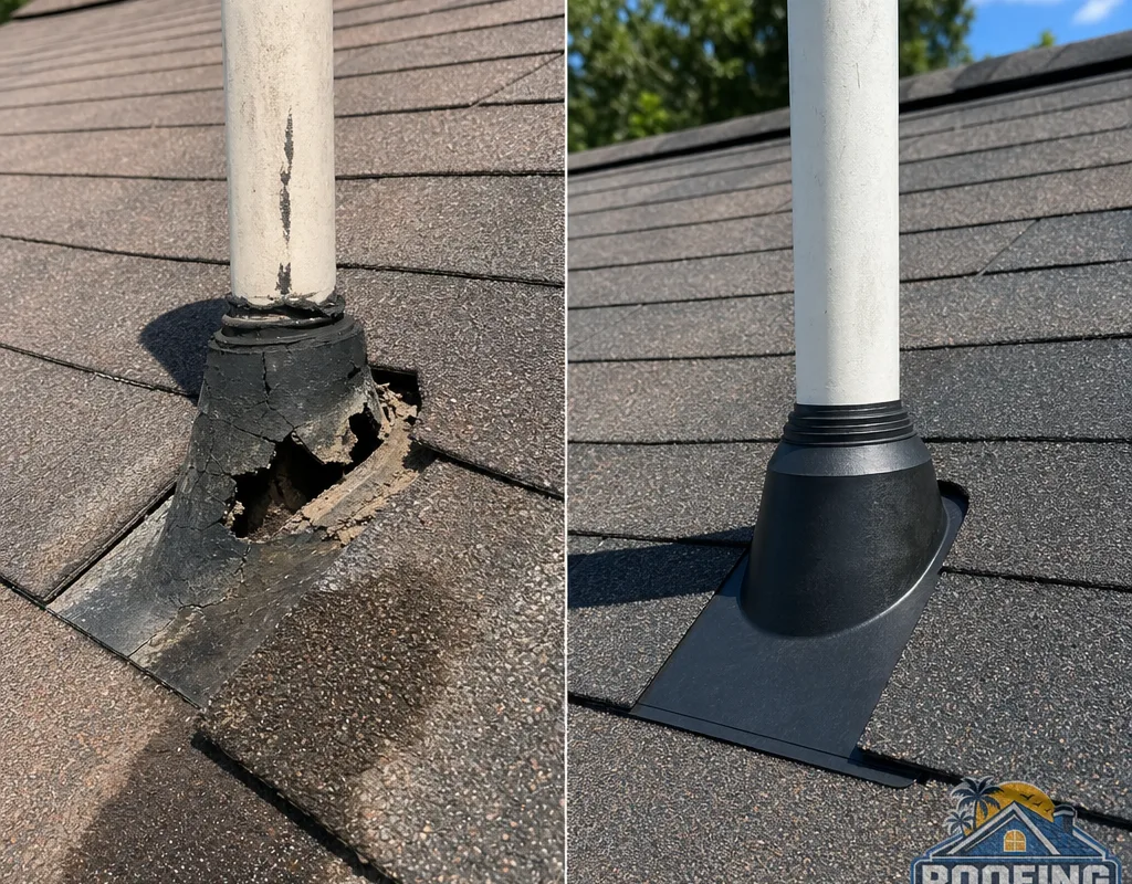 Before-and-after comparison of a deteriorated pipe boot replaced with sealed flashing and matching shingles