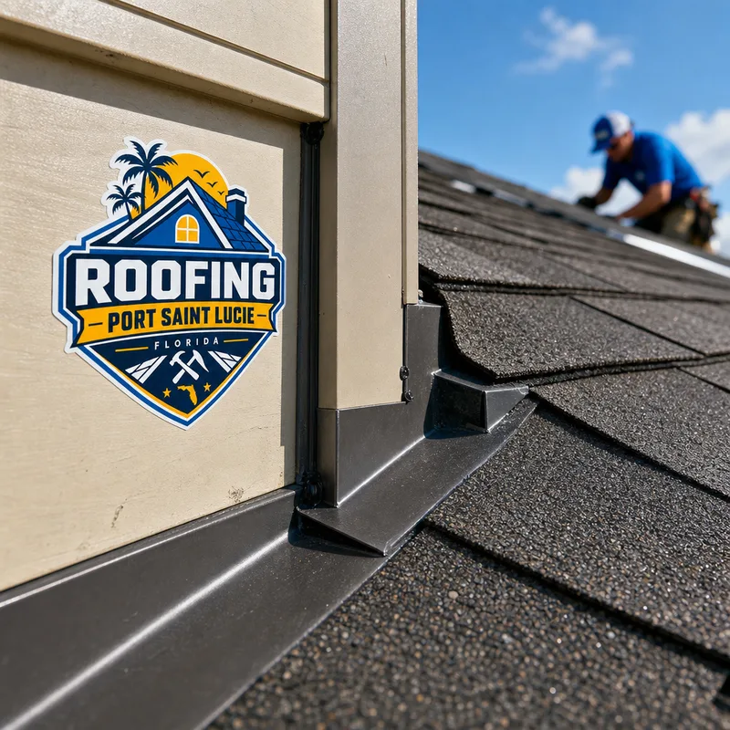 Close-up of step flashing and counterflashing integrated with roof shingles at a sidewall