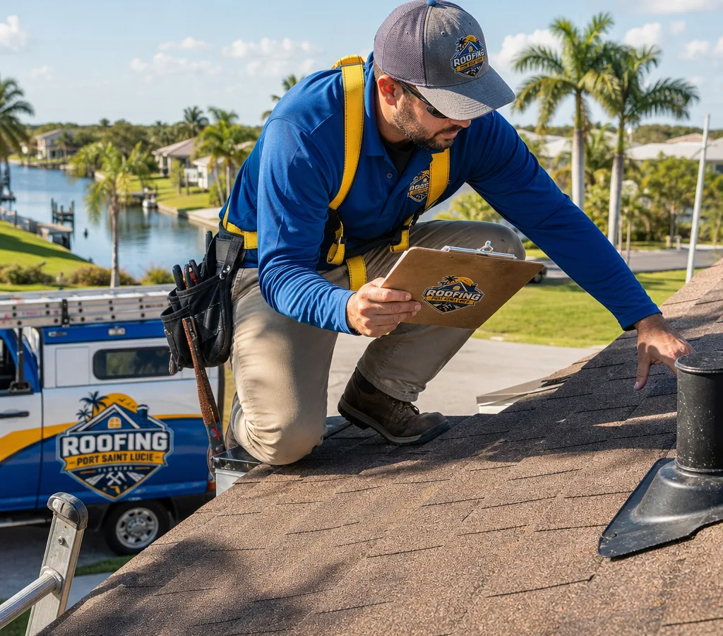 Technician inspecting shingles and flashing near a roof vent on a Port St. Lucie home