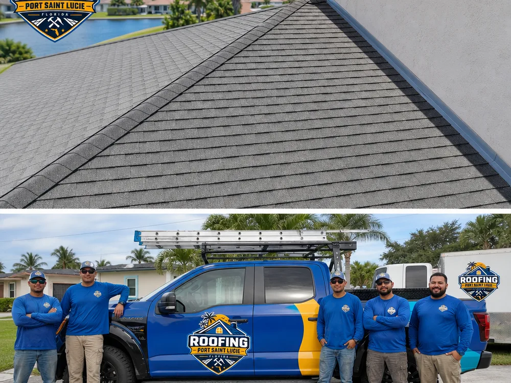 Finished Port St. Lucie roof with straight shingle lines, ridge vent, and neat roof-to-wall flashing
