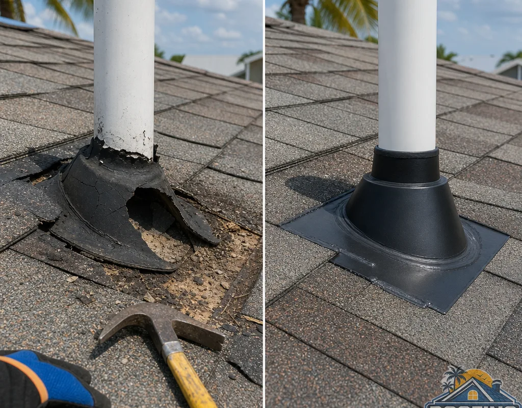 Before-and-after plumbing vent flashing replacement with a new boot integrated into the shingles