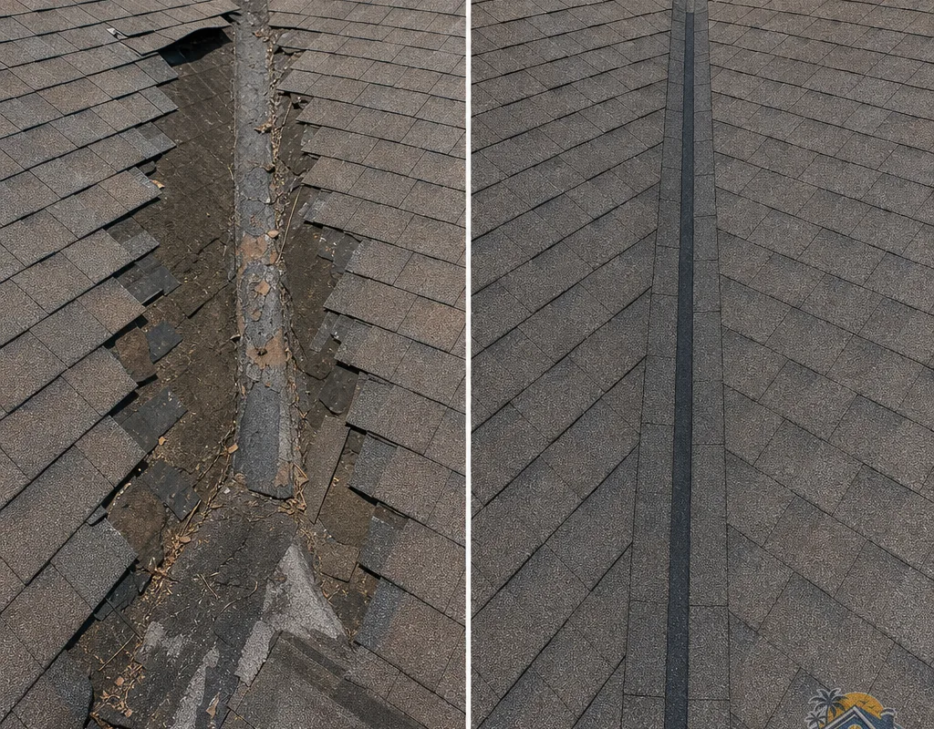 Before-and-after roof valley repair with the deteriorated area rebuilt and properly re-shingled