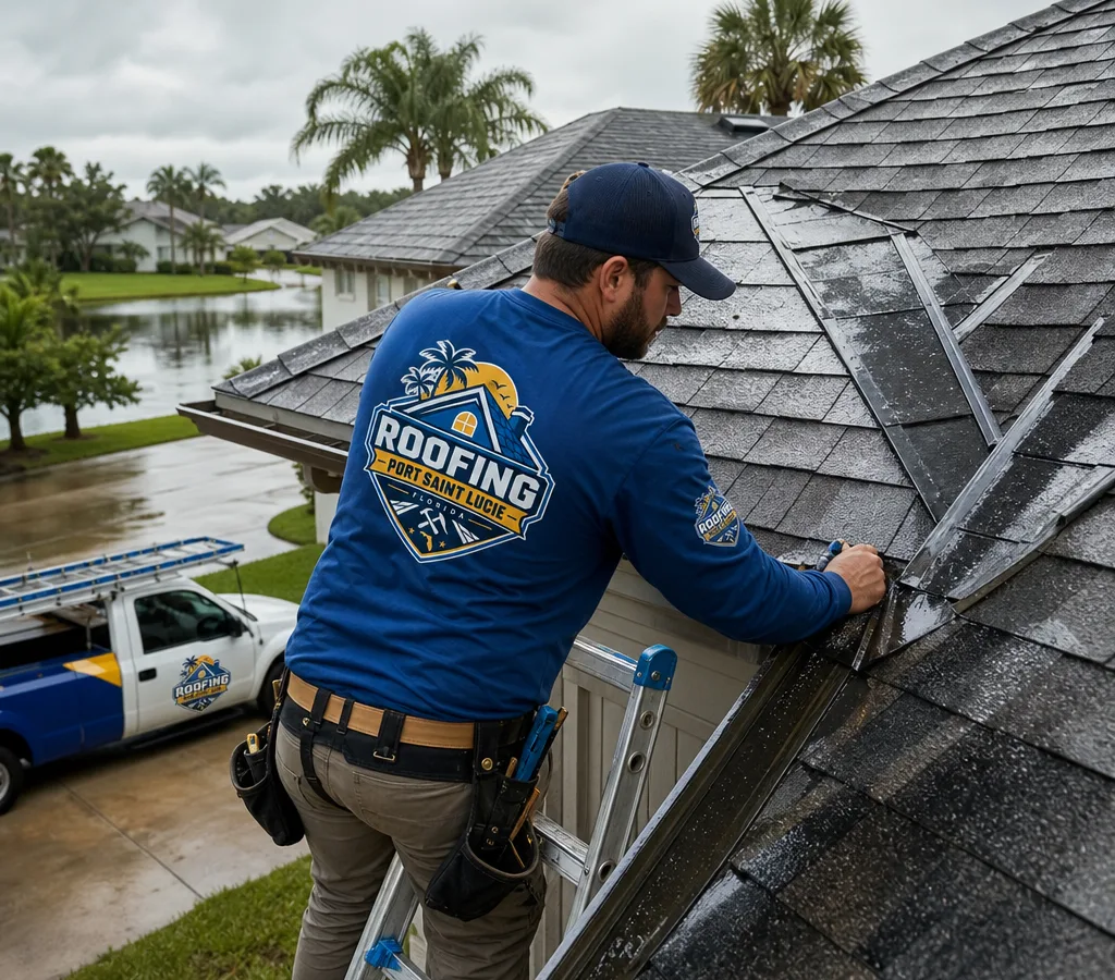 A Port St. Lucie roofer on a ladder inspecting roof valleys and flashing after rain