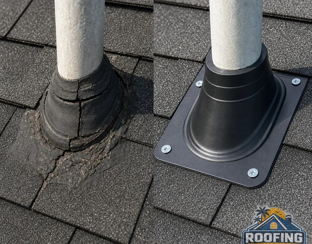 Before-and-after view of a cracked pipe boot replaced with properly integrated flashing