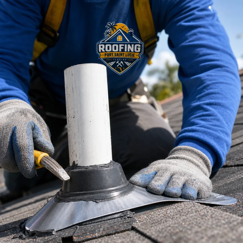 Close view of roof flashing and a plumbing vent penetration being inspected for leaks