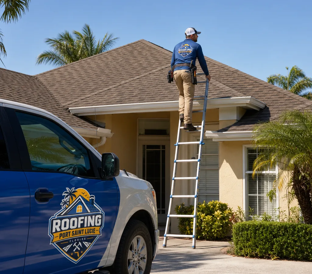 Roofing contractor inspecting a Port St. Lucie home using a safely positioned ladder