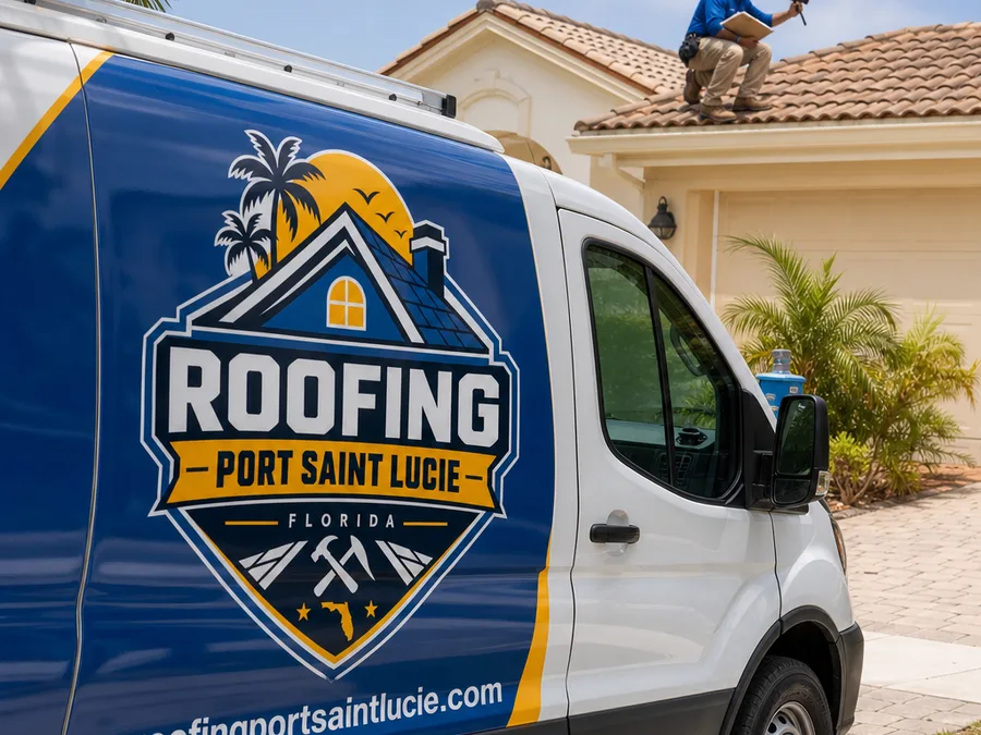 Technician inspecting flashing and roof penetrations on a Port St. Lucie home