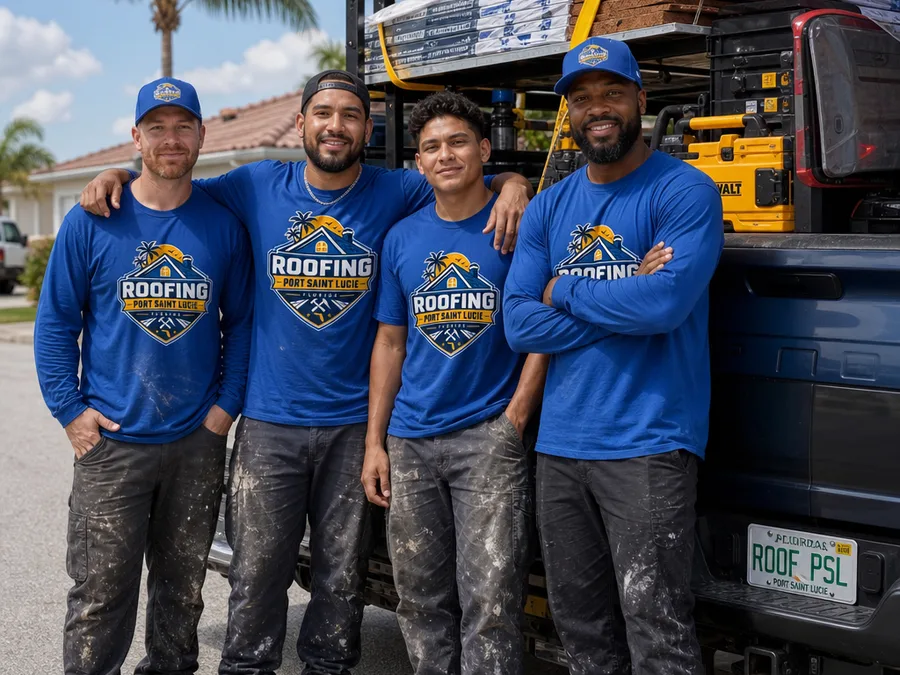 Roofing crew with organized tools beside a work truck in Port St. Lucie